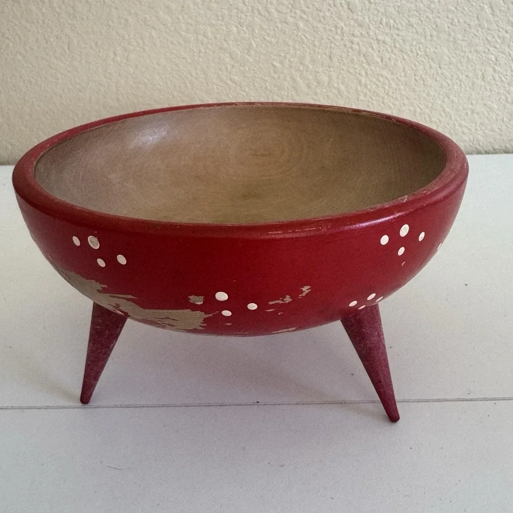 Vintage Woodpecker Red Woodware Footed Bowl Handpainted Japan Retro